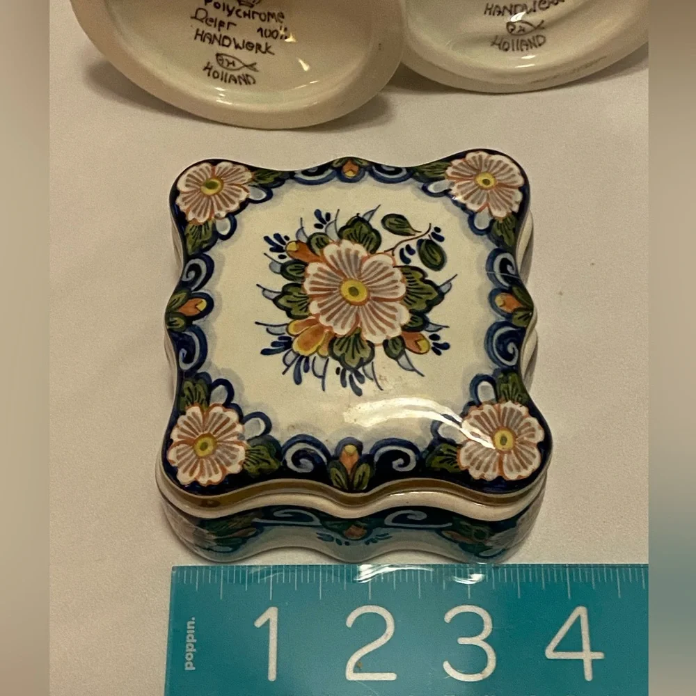 DELFT Pottery Floral Ceramic Candle Holders and Box Set